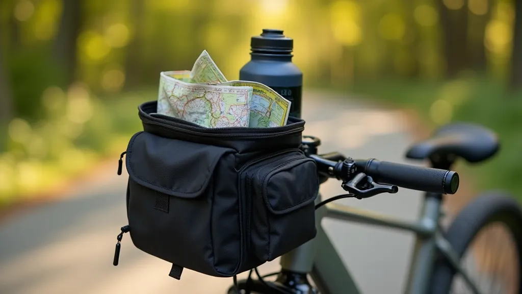 Tašky na řídítka kola s lahví vody, energetickým barem a papírovou mapou, pohled shora