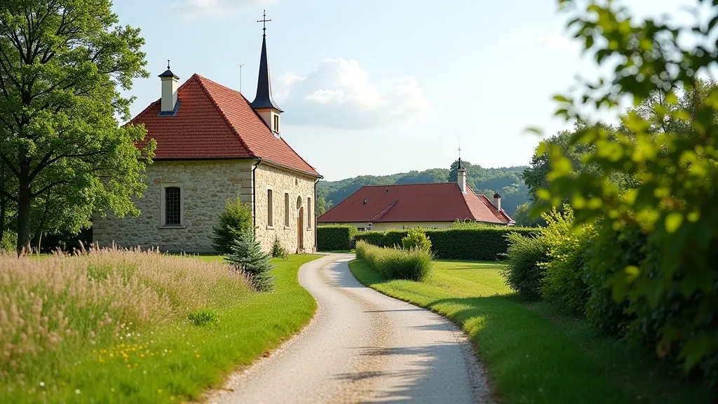 Malebná česká vesnice s kostelem, starými domy a cyklistickou stezkuou procházející středem