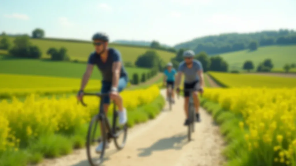 Cyklisté jedoucí přes zelenou louku s cyklostezkuou a vinicemi v pozadí