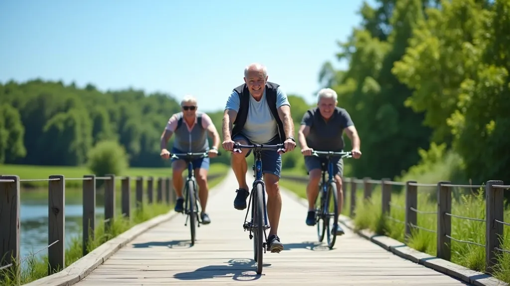 Skupina tří seniorů na kole jedoucích po rovinné cyklostezce