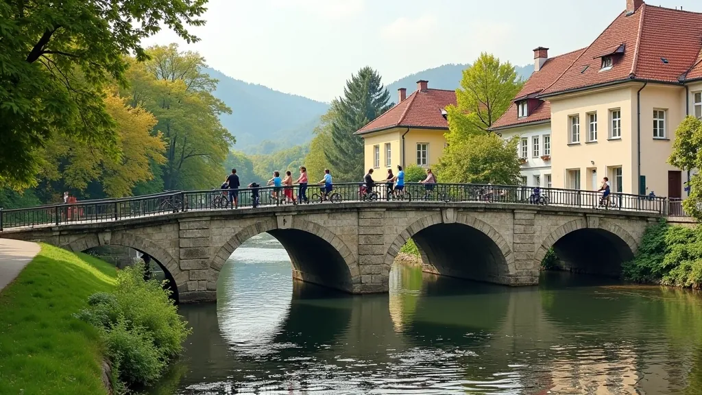 Starý kamenný most přes řeku, lidé s kolama, historická architektura v pozadí