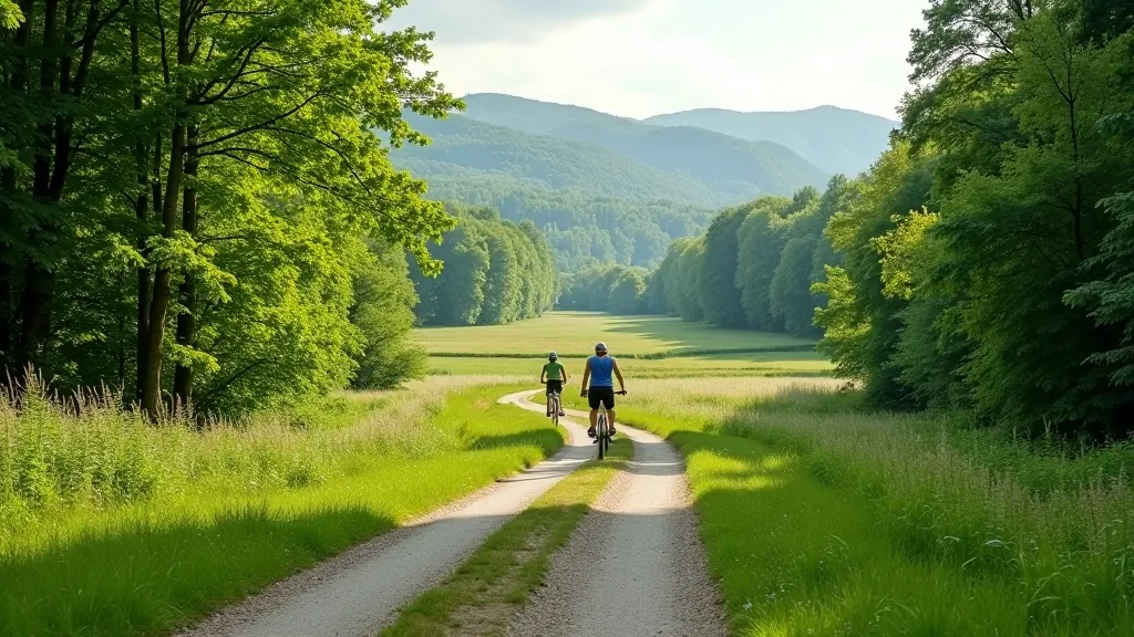 Údolí řeky Dyje s kopci, zelenou vegetací a cyklistickou stezkuou vedoucí lesem