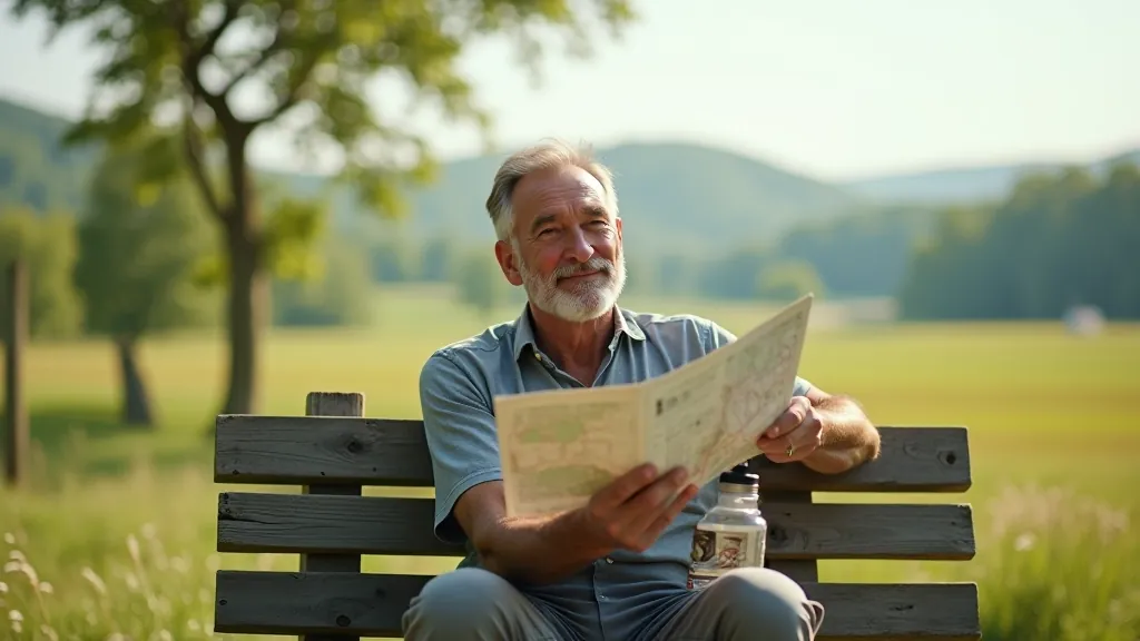 Seniorní cyklista odpočívá u cyklomapky, pije vodu z láhve, sedí na lavičce s výhledem na krajinu