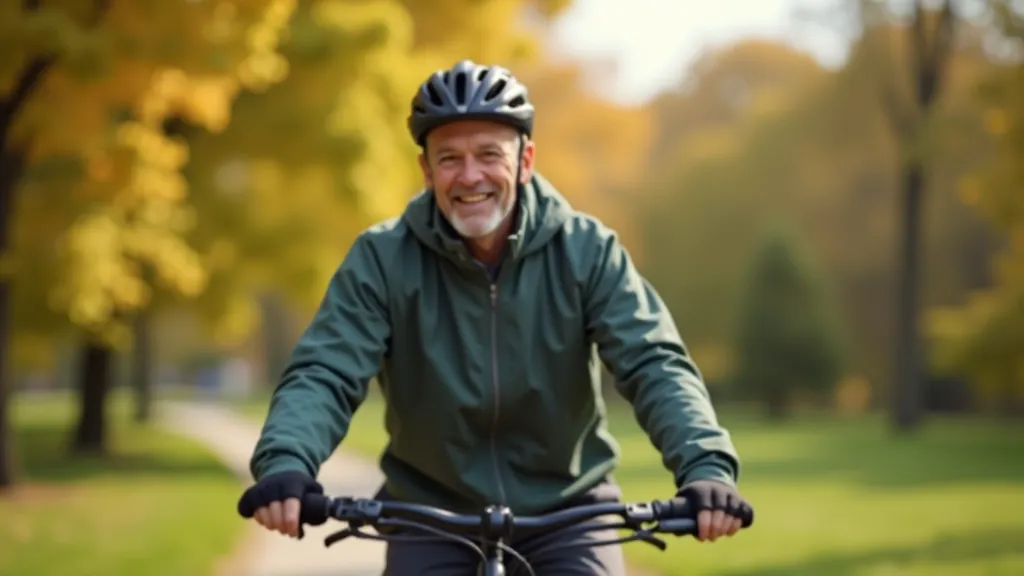 Starší muž v cyklistickém oblečení jedoucí na kole po rovinaté silnici, modré nebe, denní světlo